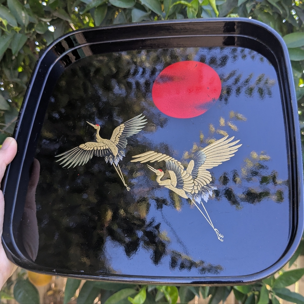 Japanese Black Lacquered Serving Tray with Cranes & Sun